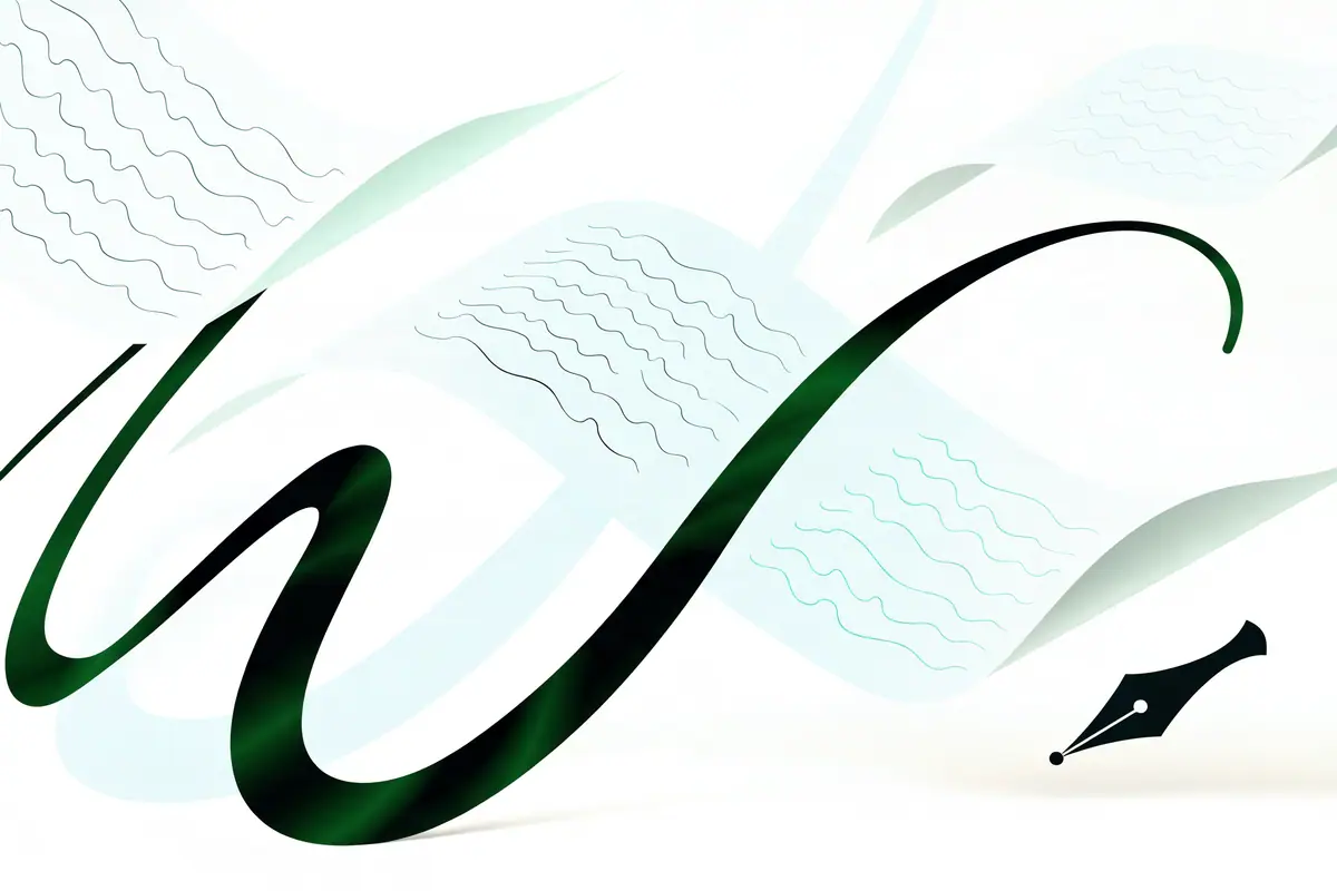 Abstract editorial artwork of floating pages with an oversized emerald calligraphic ink stroke