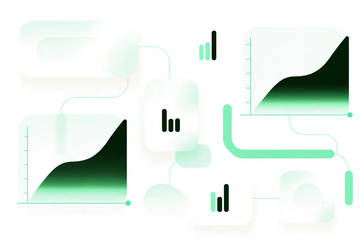 Abstract analytics dashboard artwork with rising emerald growth curves