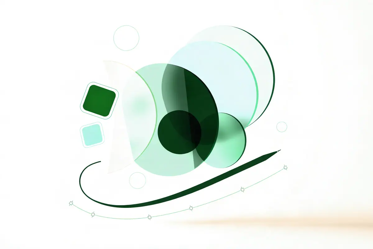 Abstract design artwork with overlapping translucent shapes, colour swatches and a pen-tool curve