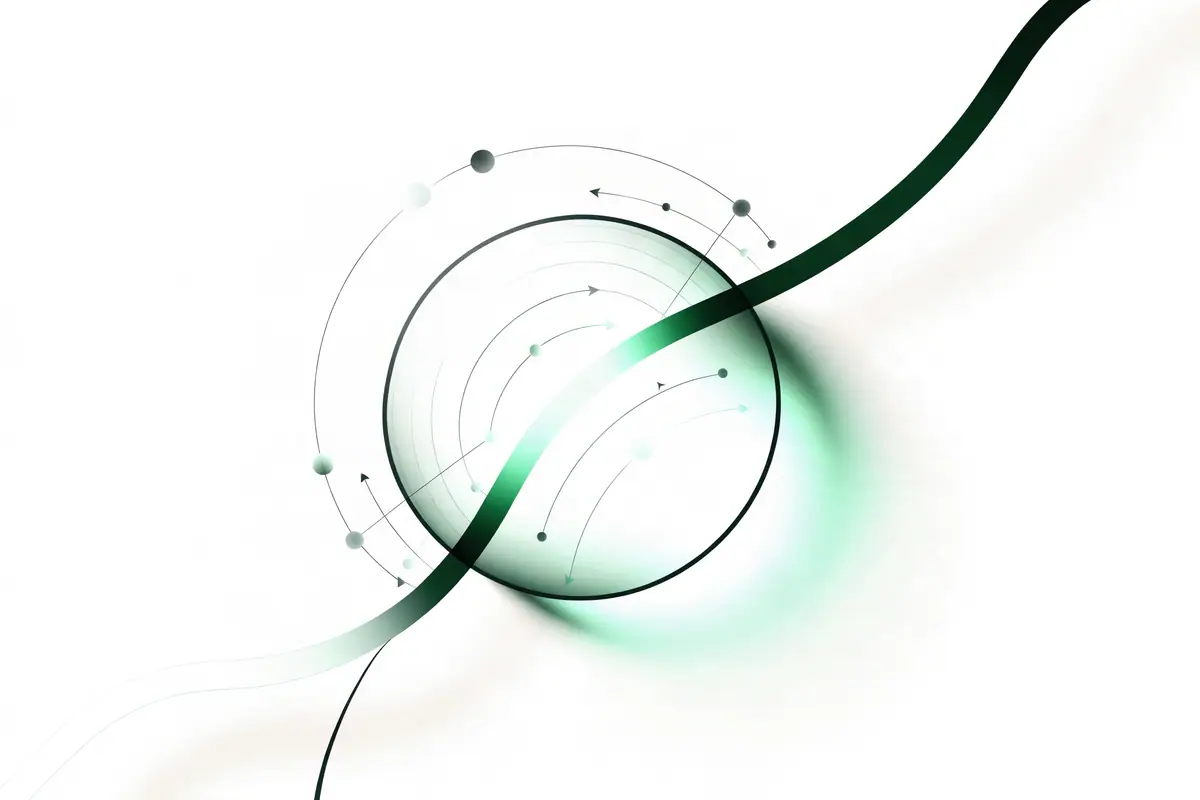Abstract artwork of a magnifying lens with an ascending emerald growth curve and connected nodes