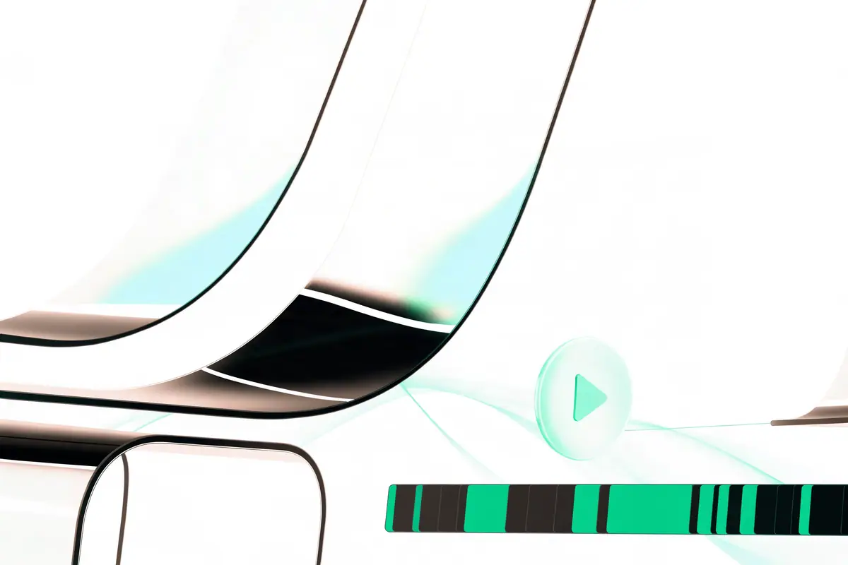 Abstract artwork of floating film frames and an editing timeline with emerald clip segments