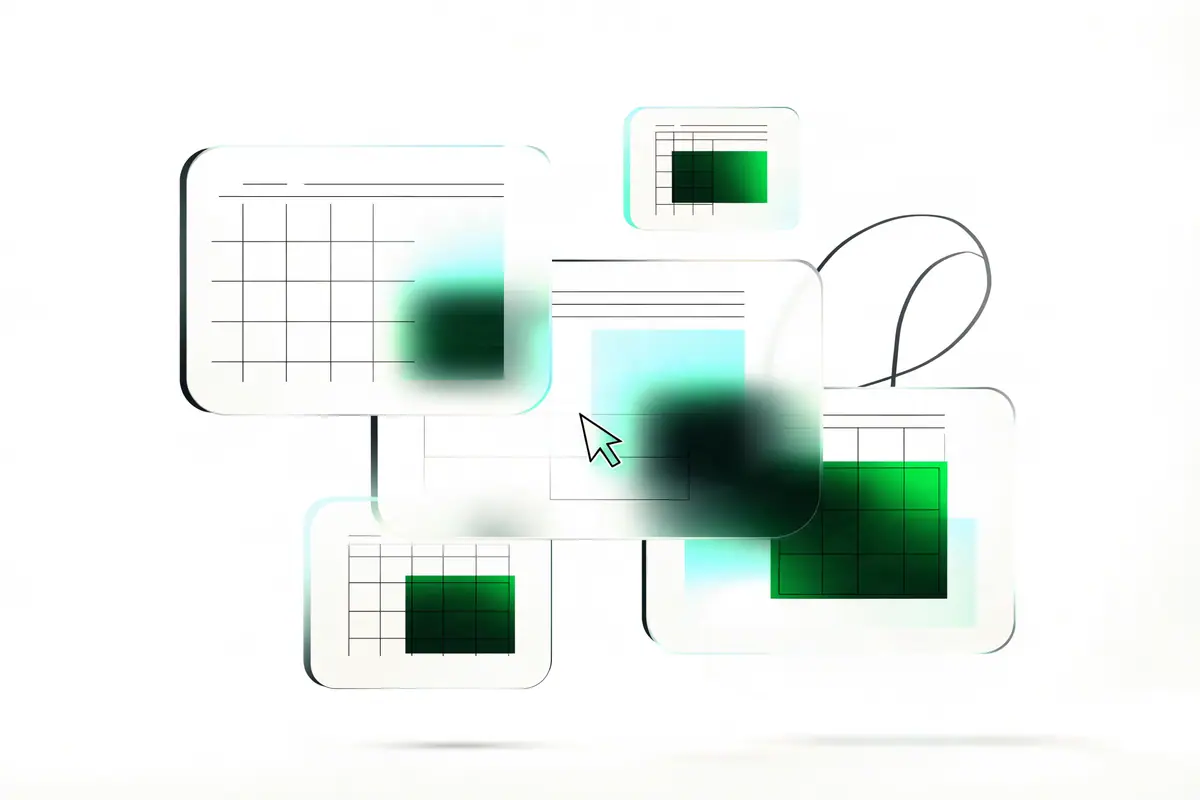 Abstract artwork of layered translucent browser windows with emerald accent panels