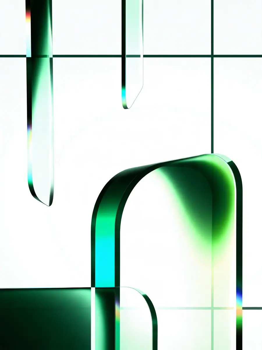 Branded glass-panel artwork with mint and emerald frames representing Raveeha Shahid, Website Developer, Graphic Designer and Video Editor at Baarso